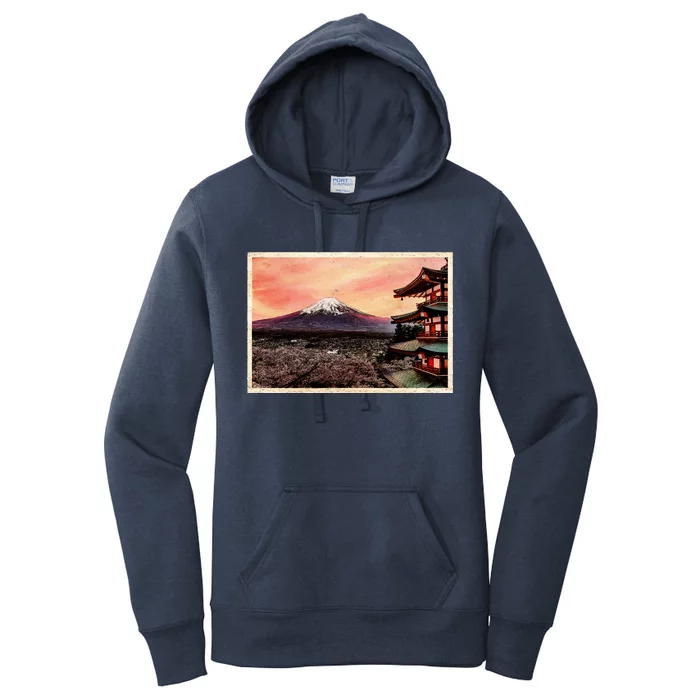 Vintage Japanese Mt. Fuji Pagoda and Cherry Blossoms Women's Pullover Hoodie