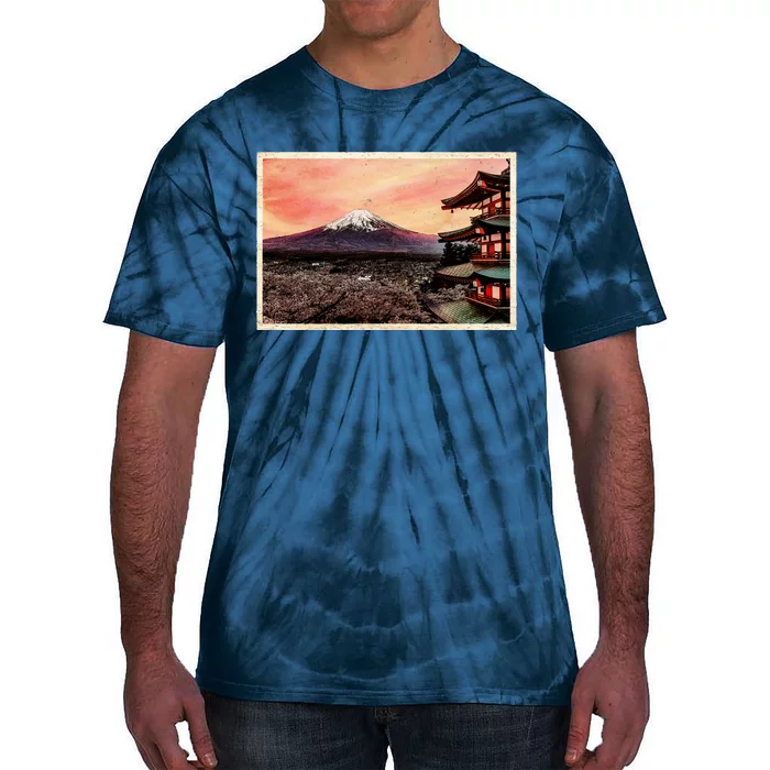 Vintage Japanese Mt. Fuji Pagoda and Cherry Blossoms Tie-Dye T-Shirt