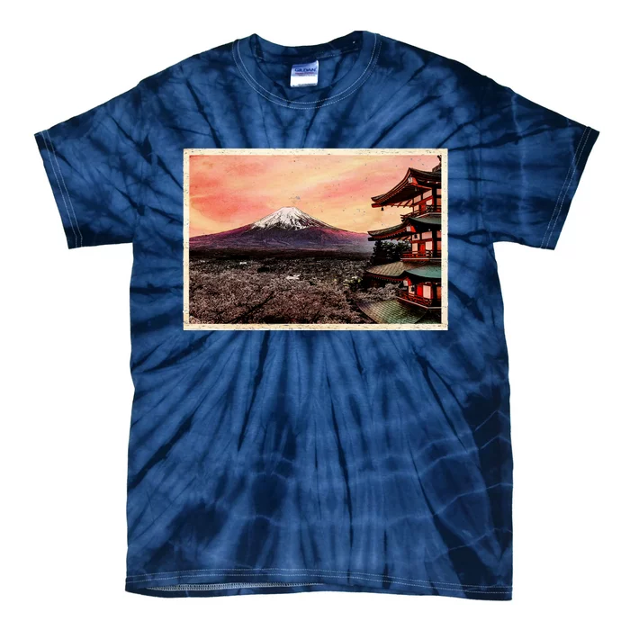 Vintage Japanese Mt. Fuji Pagoda and Cherry Blossoms Tie-Dye T-Shirt