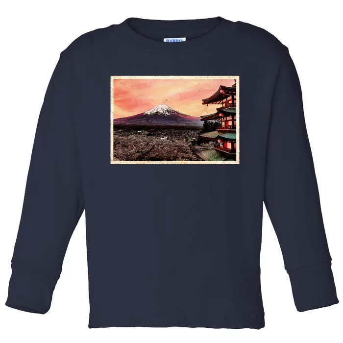 Vintage Japanese Mt. Fuji Pagoda and Cherry Blossoms Toddler Long Sleeve Shirt