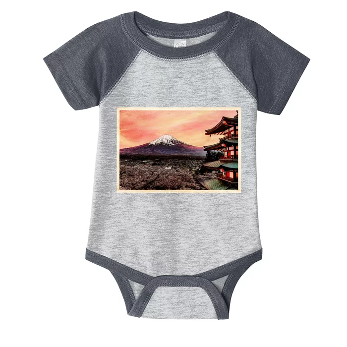 Vintage Japanese Mt. Fuji Pagoda and Cherry Blossoms Infant Baby Jersey Bodysuit