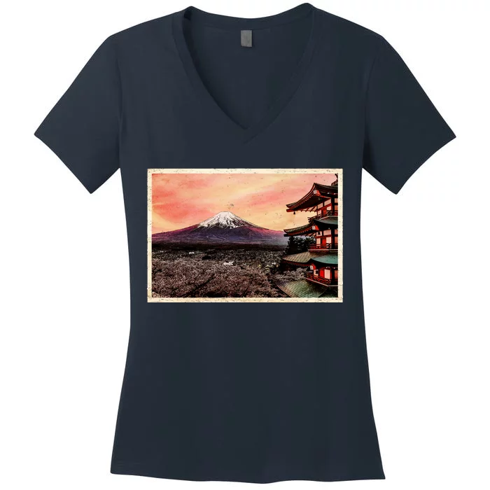 Vintage Japanese Mt. Fuji Pagoda and Cherry Blossoms Women's V-Neck T-Shirt