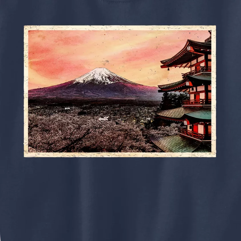 Vintage Japanese Mt. Fuji Pagoda and Cherry Blossoms Kids Sweatshirt