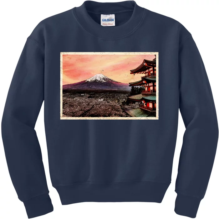 Vintage Japanese Mt. Fuji Pagoda and Cherry Blossoms Kids Sweatshirt