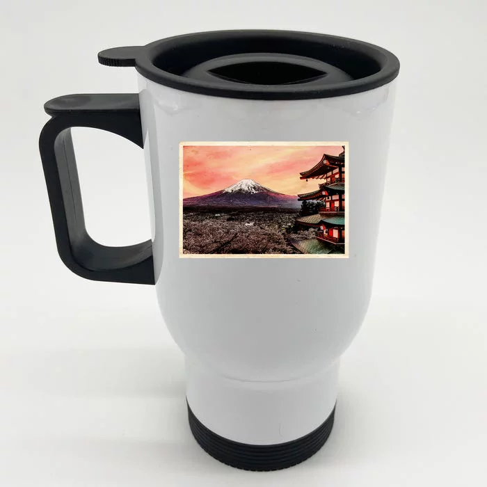 Vintage Japanese Mt. Fuji Pagoda and Cherry Blossoms Front & Back Stainless Steel Travel Mug