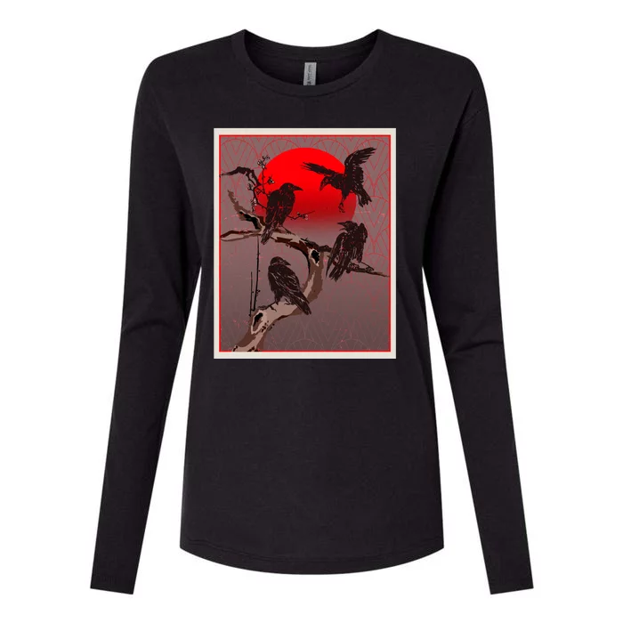 Vintage Japanese Raven Crow Red Moon Womens Cotton Relaxed Long Sleeve T-Shirt