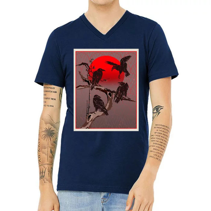 Vintage Japanese Raven Crow Red Moon V-Neck T-Shirt