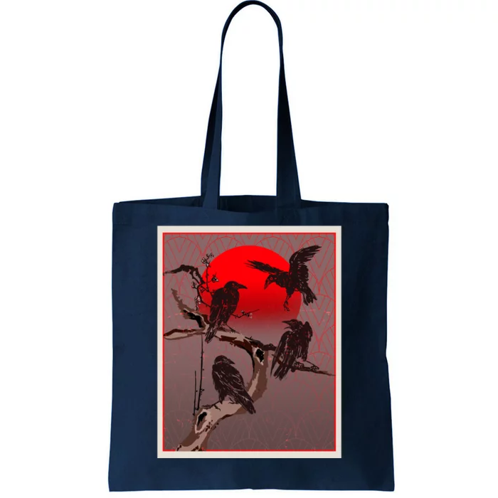 Vintage Japanese Raven Crow Red Moon Tote Bag