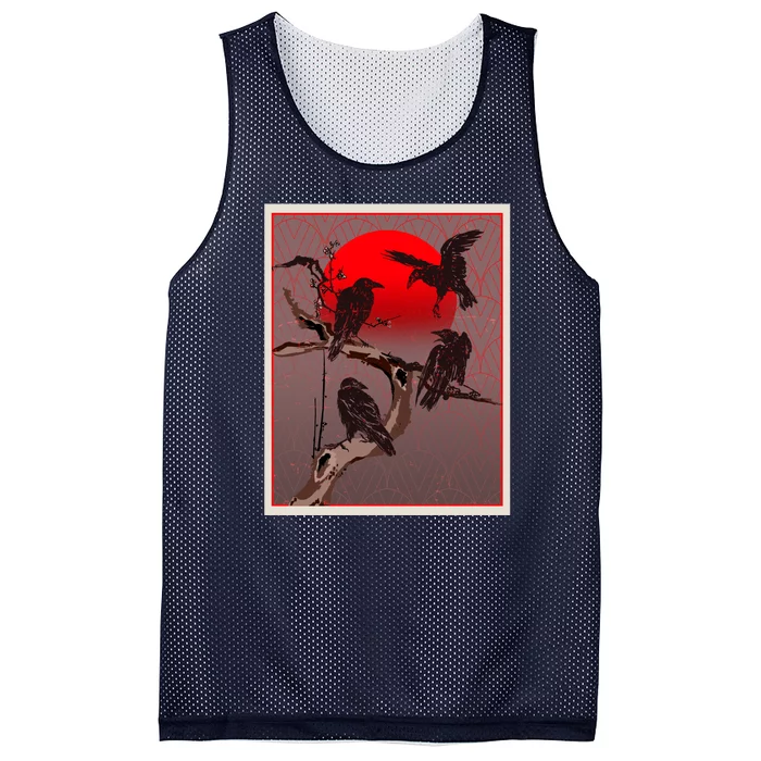 Vintage Japanese Raven Crow Red Moon Mesh Reversible Basketball Jersey Tank