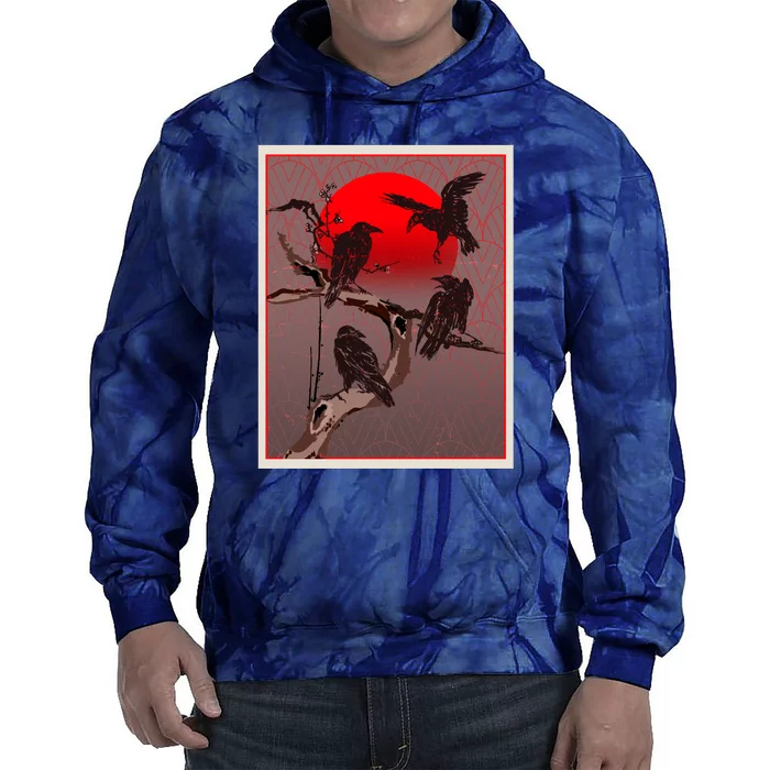 Vintage Japanese Raven Crow Red Moon Tie Dye Hoodie