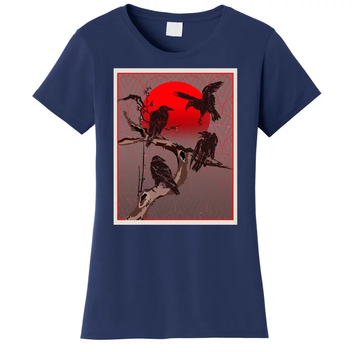 Vintage Japanese Raven Crow Red Moon Women's T-Shirt