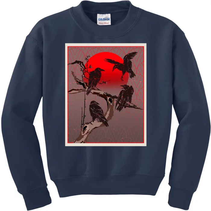 Vintage Japanese Raven Crow Red Moon Kids Sweatshirt