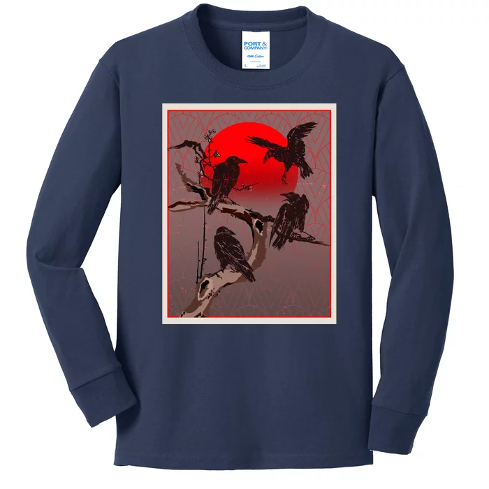 Vintage Japanese Raven Crow Red Moon Kids Long Sleeve Shirt