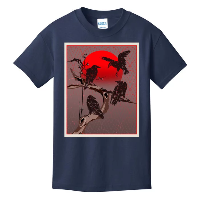 Vintage Japanese Raven Crow Red Moon Kids T-Shirt