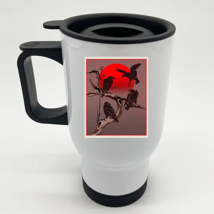 Vintage Japanese Raven Crow Red Moon Front & Back Stainless Steel Travel Mug