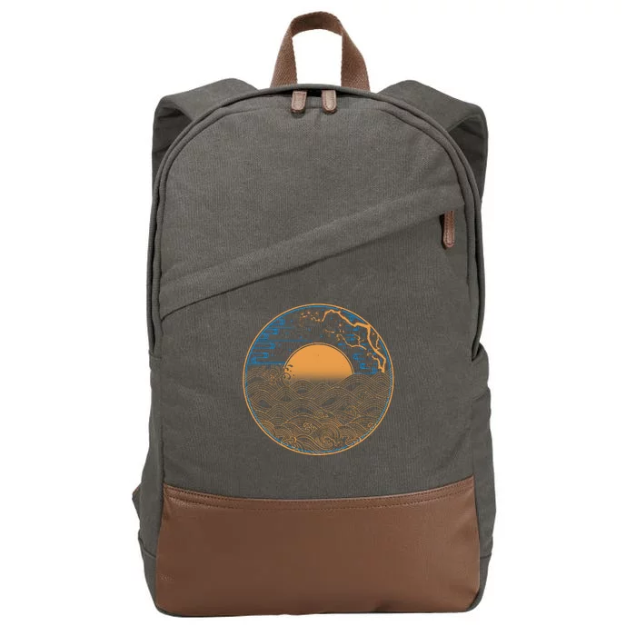 Vintage Japanese Sun Waves Emblem Cotton Canvas Backpack