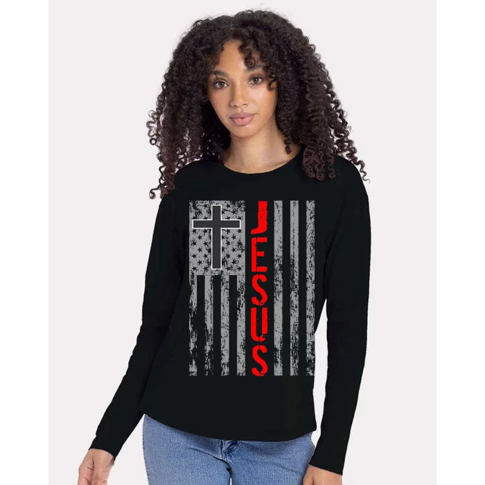 Vintage Jesus USA American Flag Catholic Christion Cross Womens Cotton Relaxed Long Sleeve T-Shirt