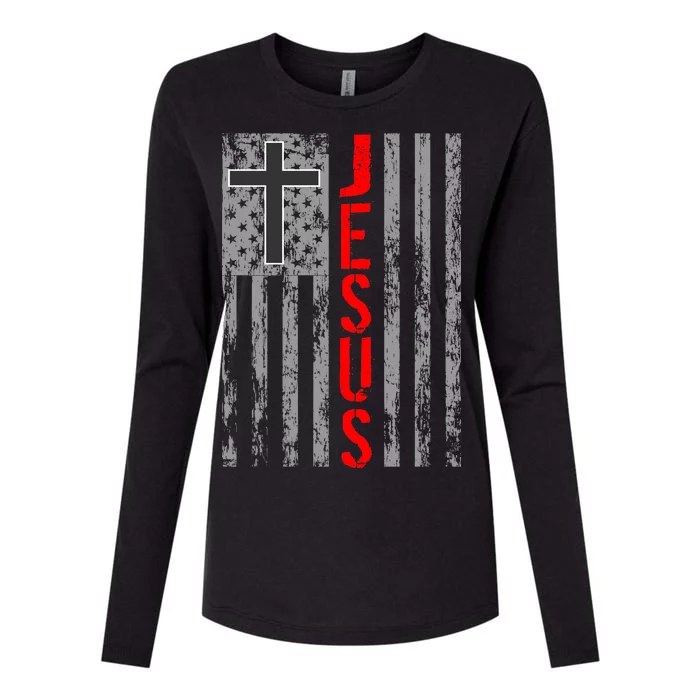 Vintage Jesus USA American Flag Catholic Christion Cross Womens Cotton Relaxed Long Sleeve T-Shirt