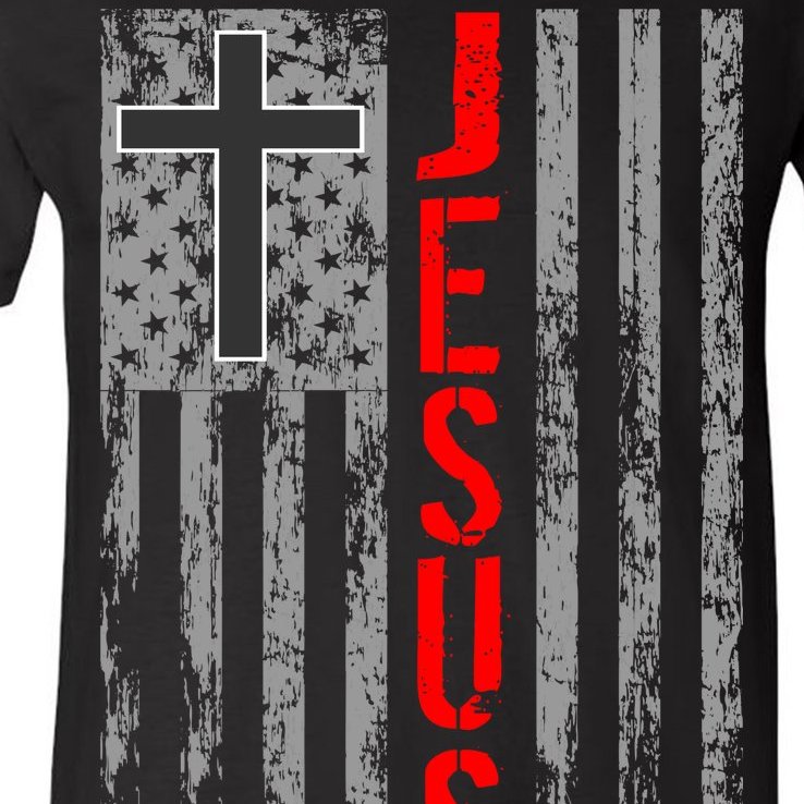 Vintage Jesus USA American Flag Catholic Christion Cross V-Neck T-Shirt