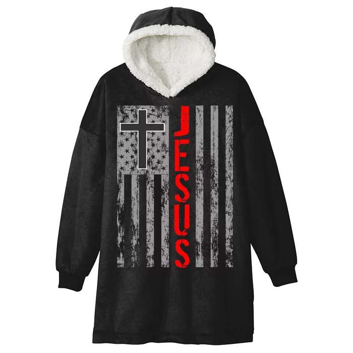 Vintage Jesus USA American Flag Catholic Christion Cross Hooded Wearable Blanket