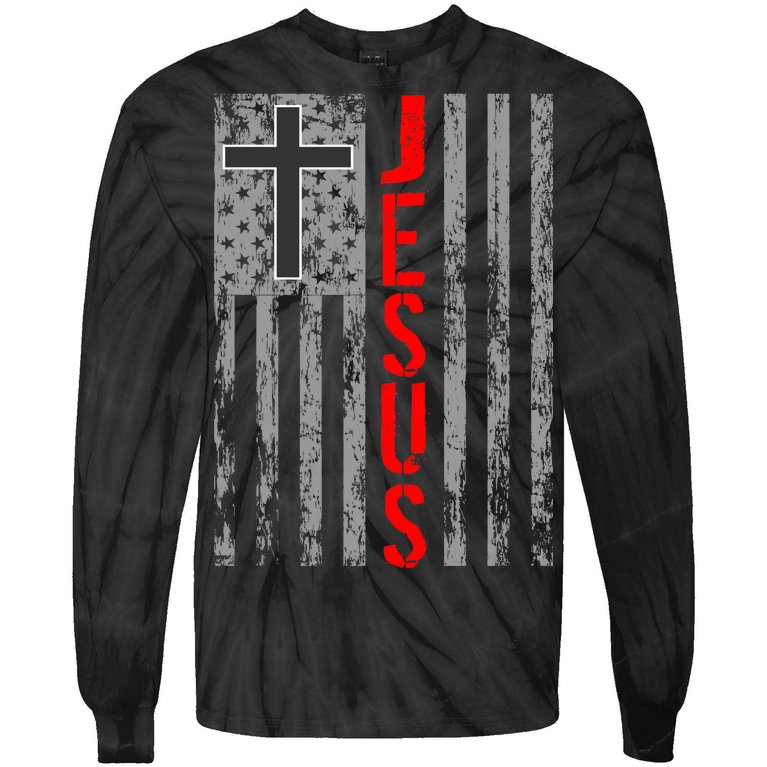 Vintage Jesus USA American Flag Catholic Christion Cross Tie-Dye Long Sleeve Shirt