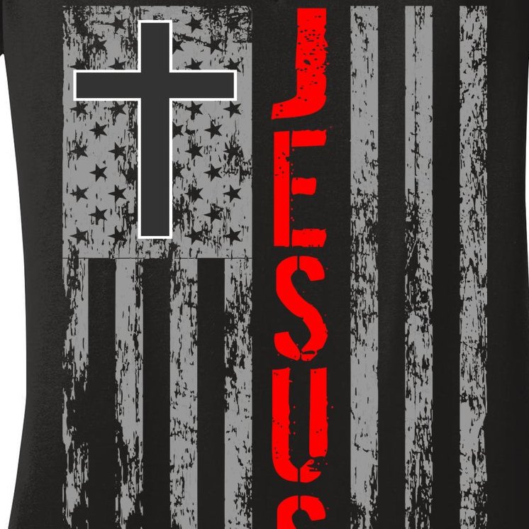 Vintage Jesus USA American Flag Catholic Christion Cross Women's V-Neck T-Shirt