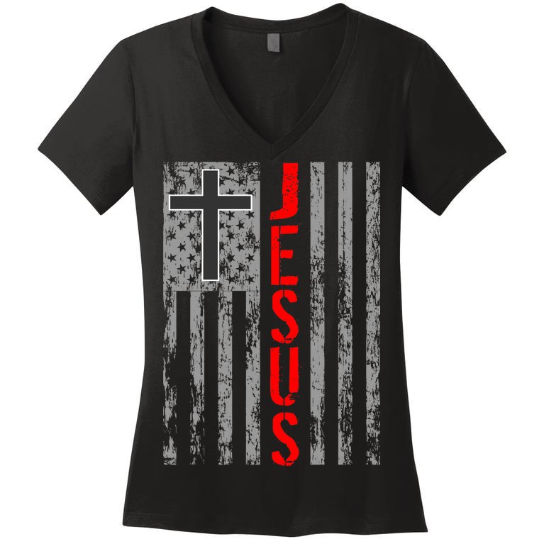 Vintage Jesus USA American Flag Catholic Christion Cross Women's V-Neck T-Shirt
