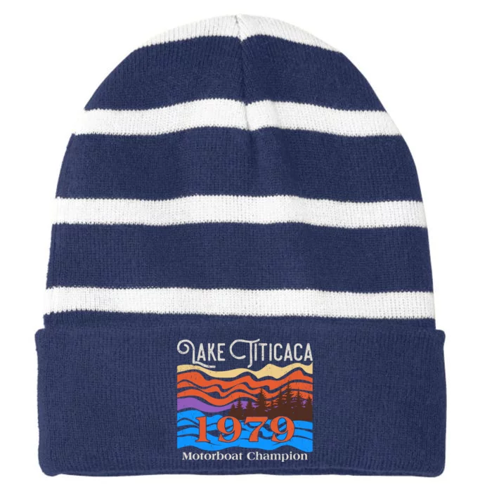 Vintage Lake Titicaca 1979 Motorboat Champion Striped Beanie with Solid Band