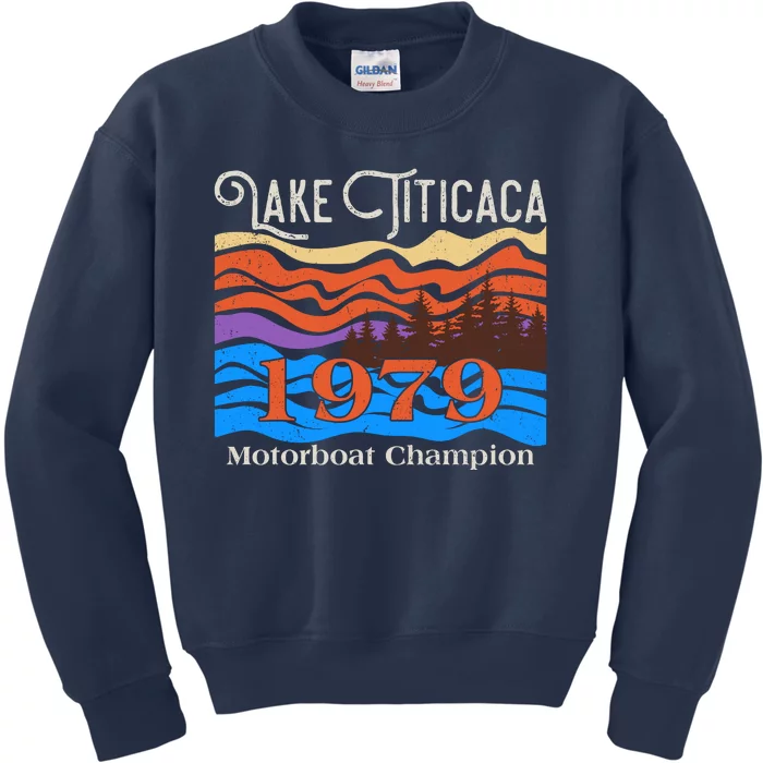 Vintage Lake Titicaca 1979 Motorboat Champion Kids Sweatshirt