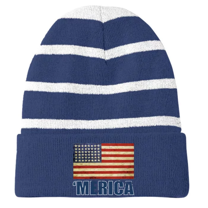 Vintage Merica Flag Striped Beanie with Solid Band