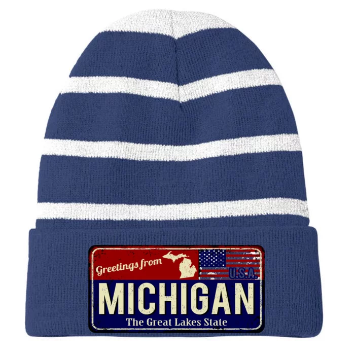 Vintage Michigan Sign Striped Beanie with Solid Band