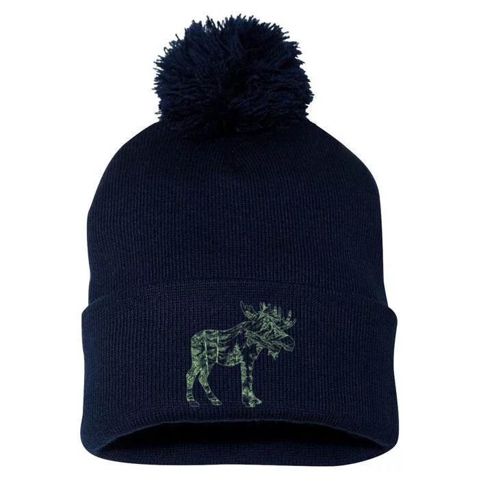 Vintage Nature Lover Moose Forest Pom Pom 12in Knit Beanie