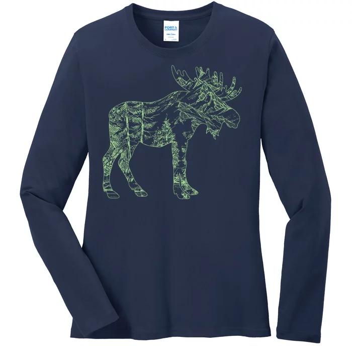 Vintage Nature Lover Moose Forest Ladies Long Sleeve Shirt