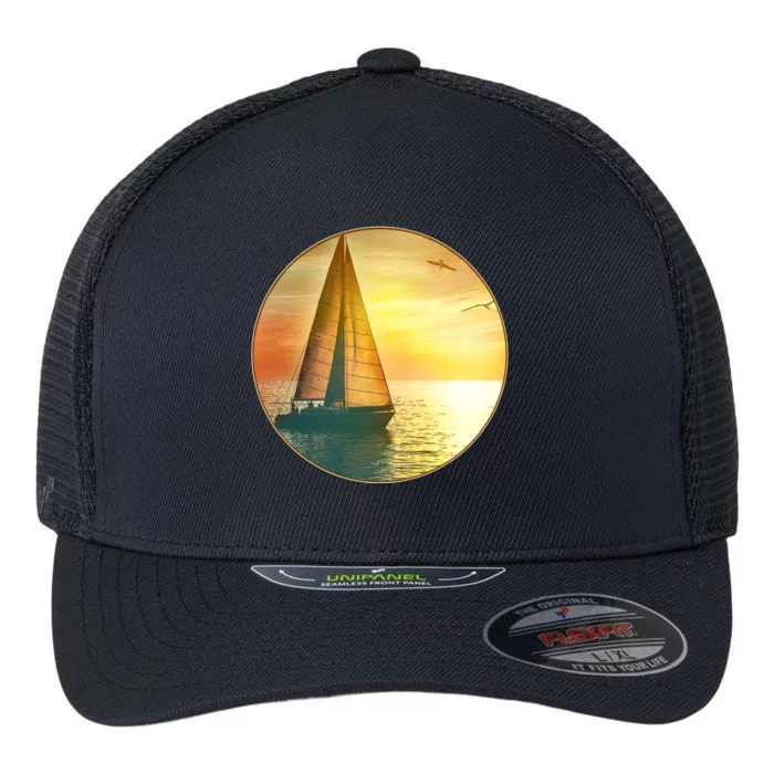 Vintage Ocean Sunset Sailboat Scene Flexfit Unipanel Trucker Cap