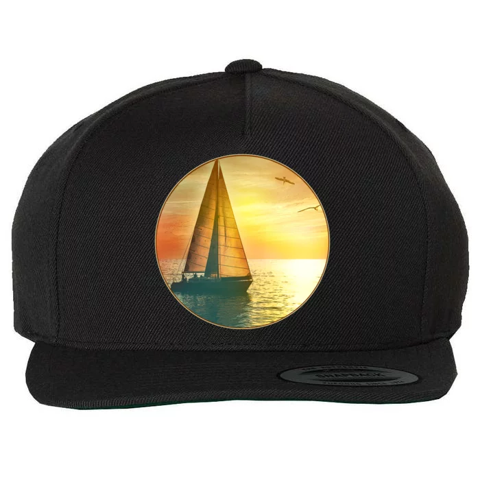 Vintage Ocean Sunset Sailboat Scene Wool Snapback Cap