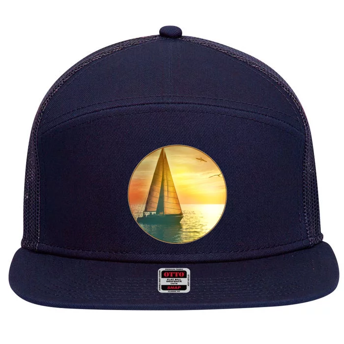 Vintage Ocean Sunset Sailboat Scene 7 Panel Mesh Trucker Snapback Hat