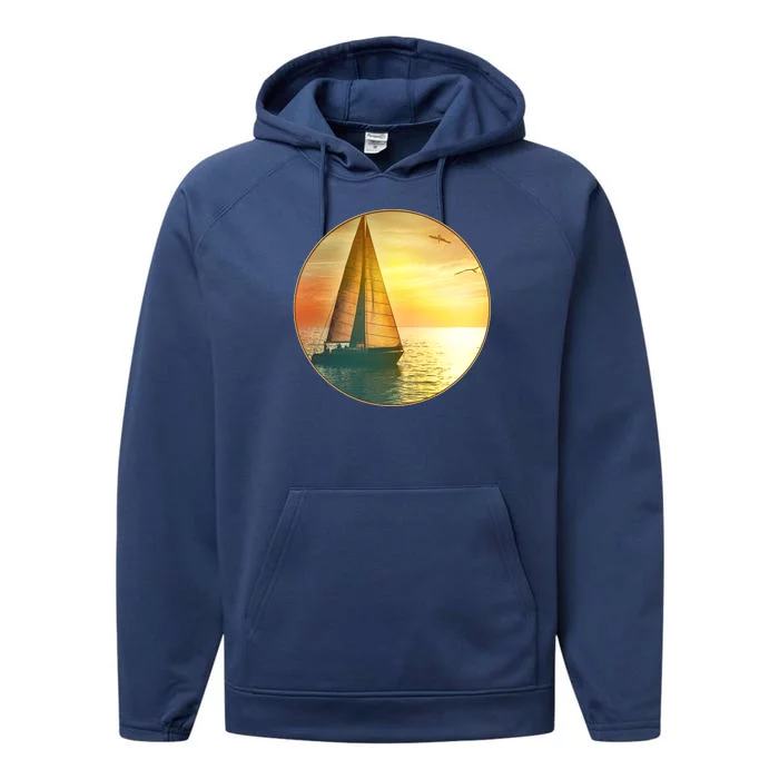 Vintage Ocean Sunset Sailboat Scene Performance Fleece Hoodie