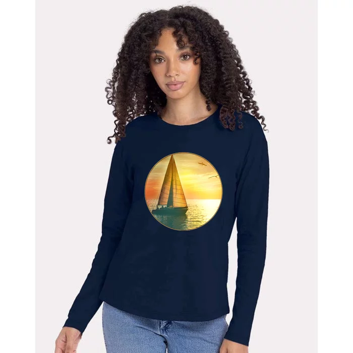 Vintage Ocean Sunset Sailboat Scene Womens Cotton Relaxed Long Sleeve T-Shirt