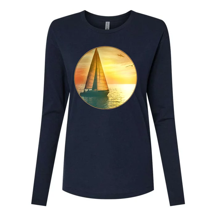 Vintage Ocean Sunset Sailboat Scene Womens Cotton Relaxed Long Sleeve T-Shirt