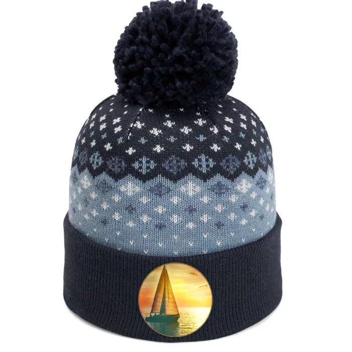 Vintage Ocean Sunset Sailboat Scene The Baniff Cuffed Pom Beanie