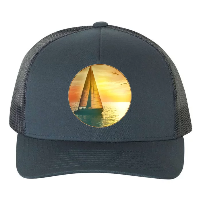 Vintage Ocean Sunset Sailboat Scene Yupoong Adult 5-Panel Trucker Hat