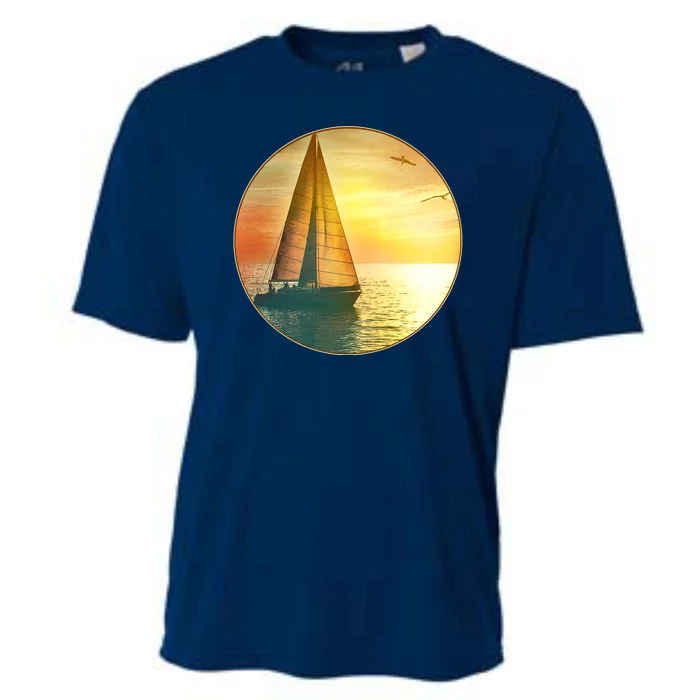 Vintage Ocean Sunset Sailboat Scene Cooling Performance Crew T-Shirt