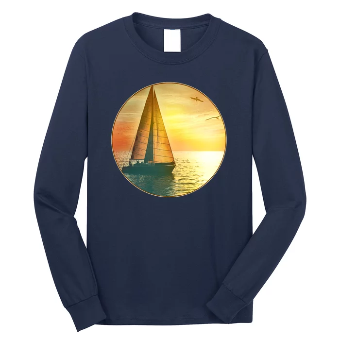 Vintage Ocean Sunset Sailboat Scene Long Sleeve Shirt