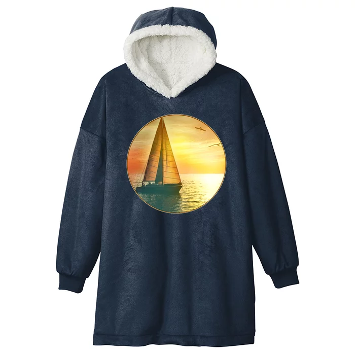 Vintage Ocean Sunset Sailboat Scene Hooded Wearable Blanket