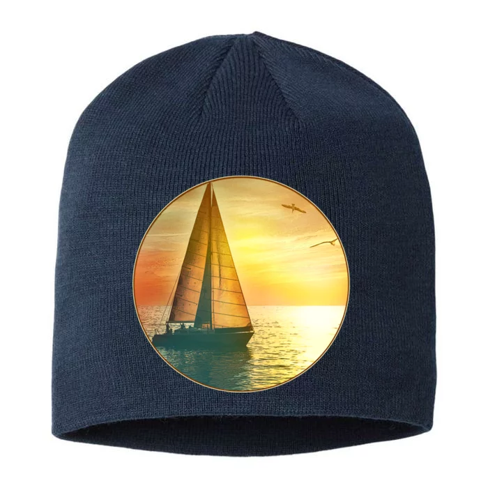 Vintage Ocean Sunset Sailboat Scene 8 1/2in Sustainable Knit Beanie