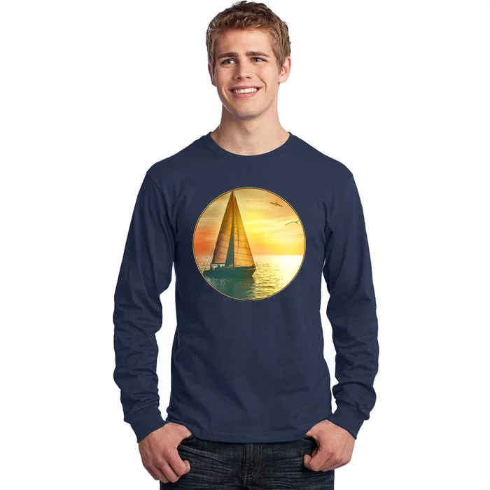 Vintage Ocean Sunset Sailboat Scene Tall Long Sleeve T-Shirt