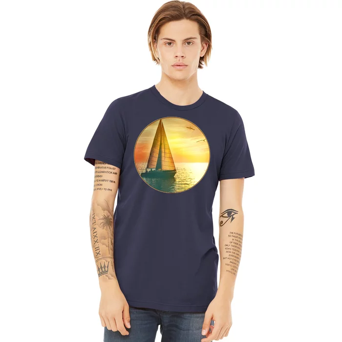 Vintage Ocean Sunset Sailboat Scene Premium T-Shirt