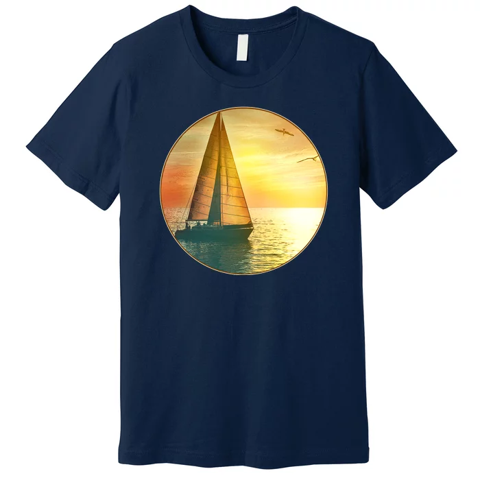 Vintage Ocean Sunset Sailboat Scene Premium T-Shirt