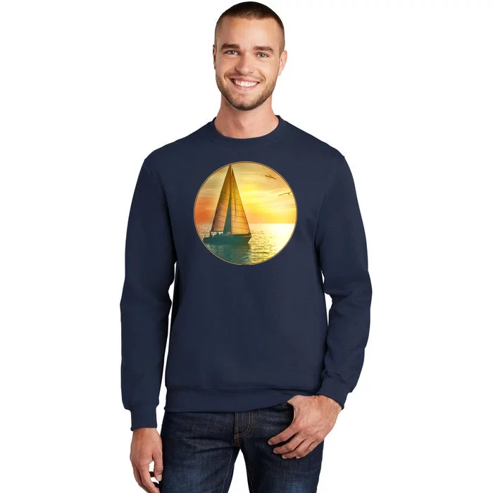 Vintage Ocean Sunset Sailboat Scene Tall Sweatshirt