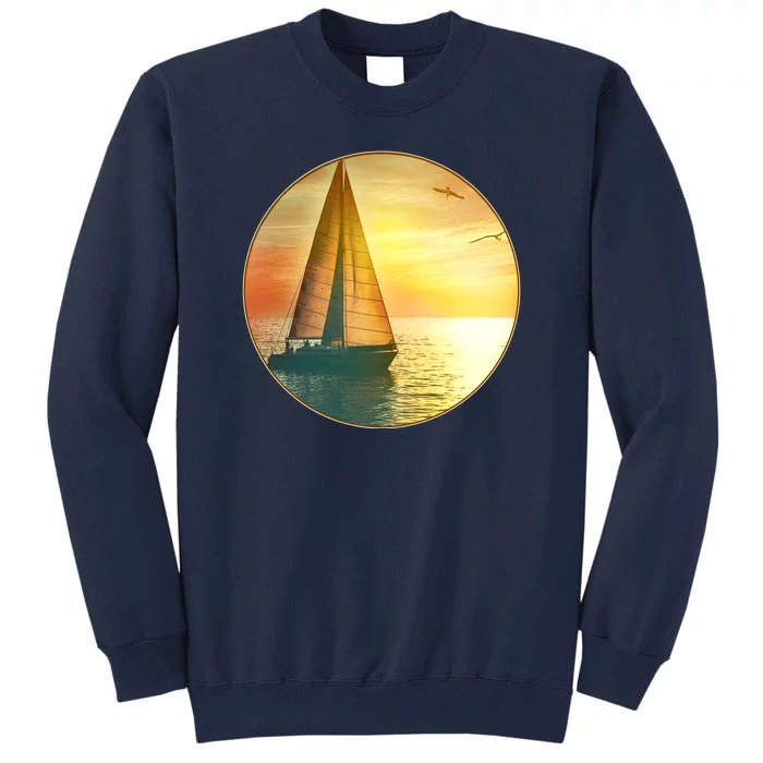 Vintage Ocean Sunset Sailboat Scene Tall Sweatshirt